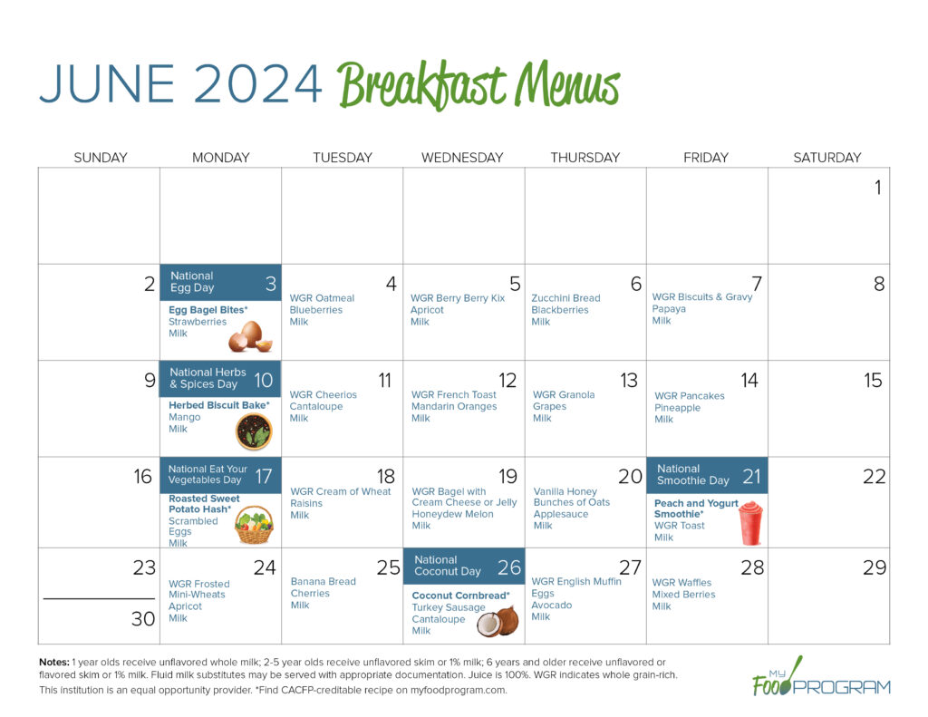 June 2024 Breakfast Menus