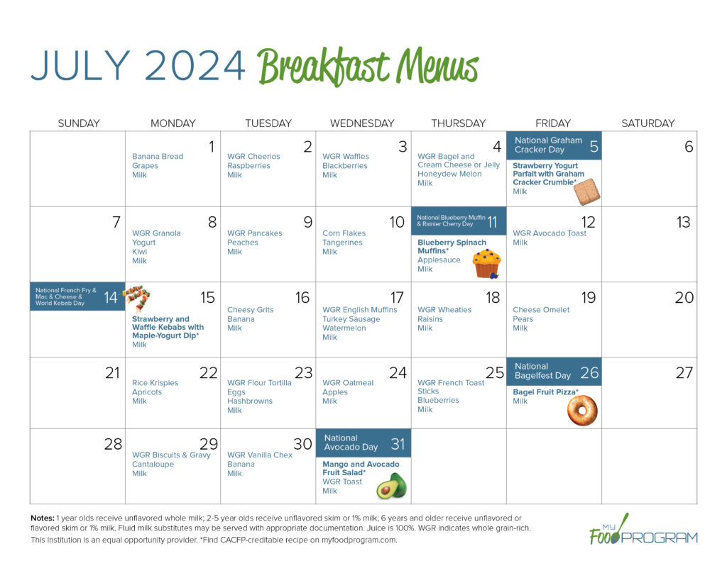 July 2024 Breakfast Menus