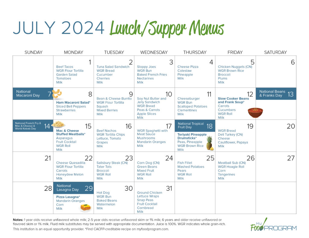 July 2024 Lunch/Supper Menus