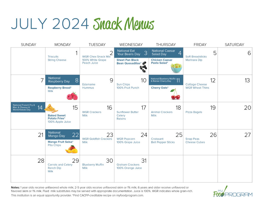 July 2024 Snack Menus