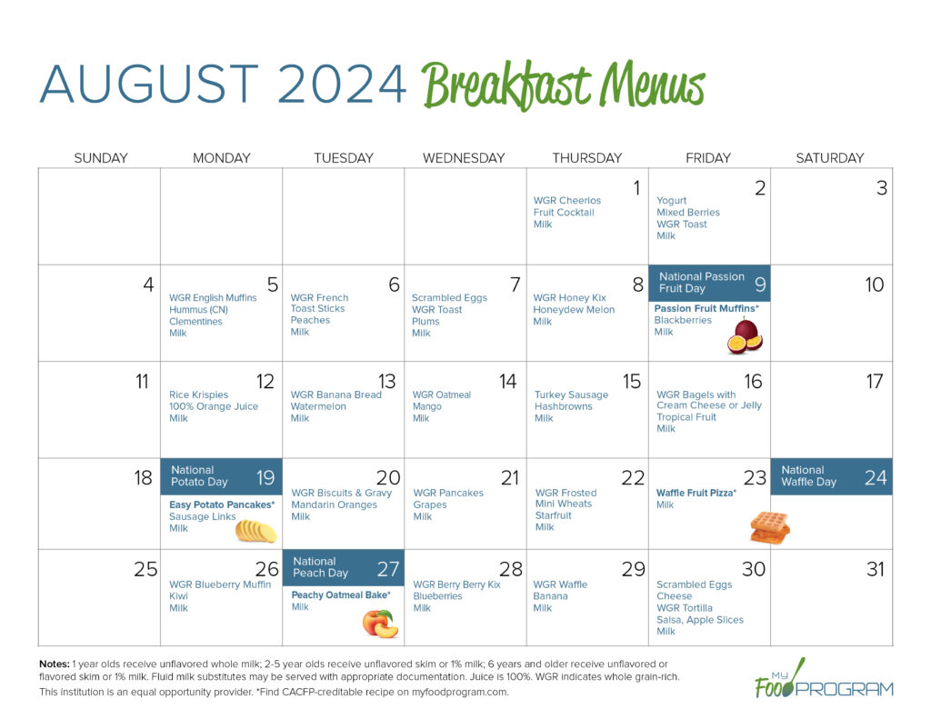 August 2024 Breakfast Menus