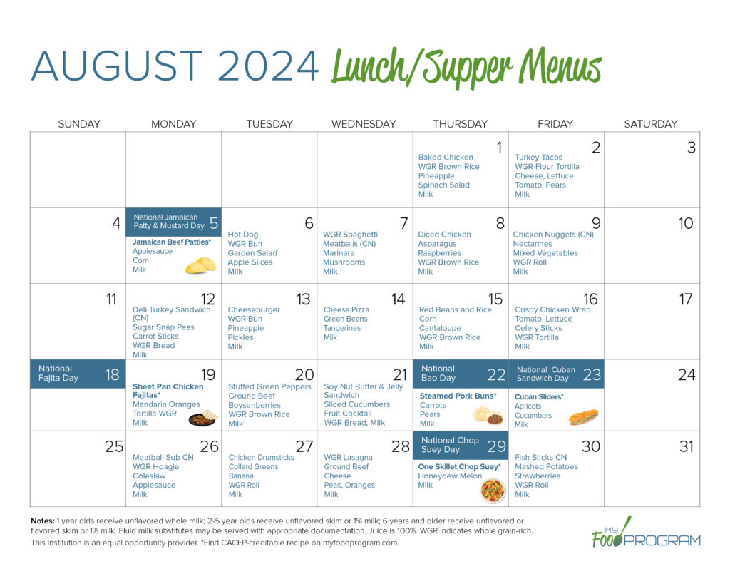 August 2024 Lunch/Supper Menus