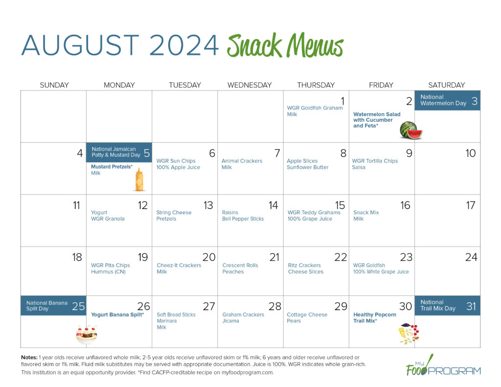 August 2024 Snack Menus
