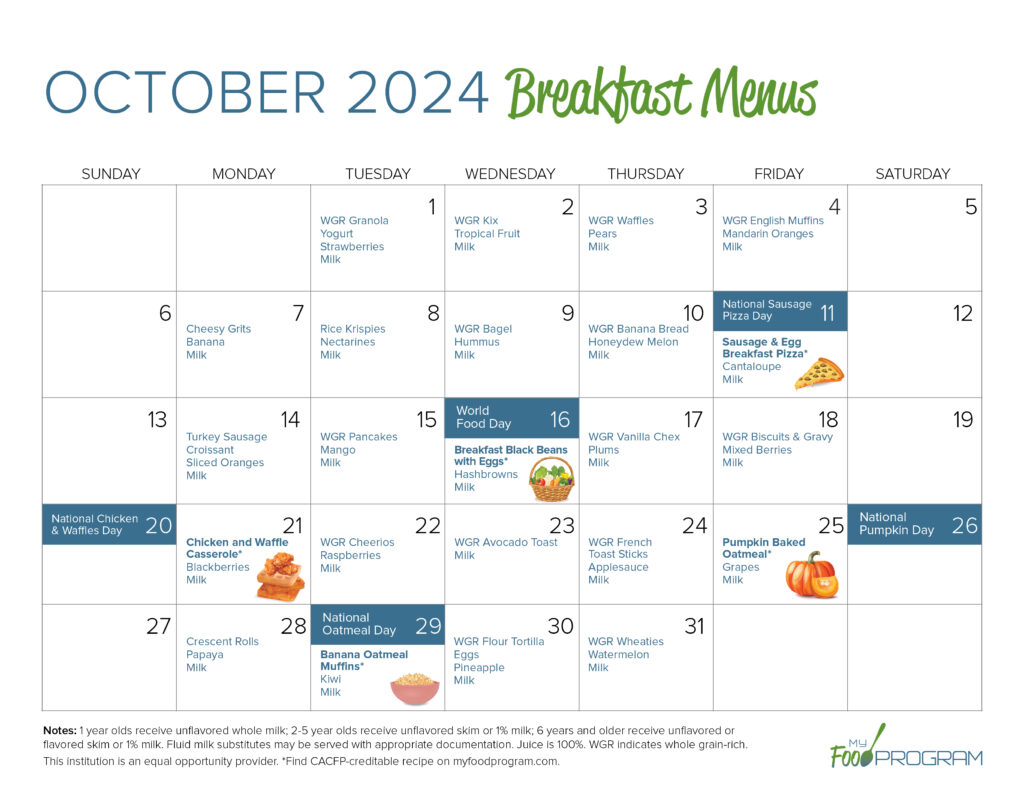 October 2024 Breakfast Menus