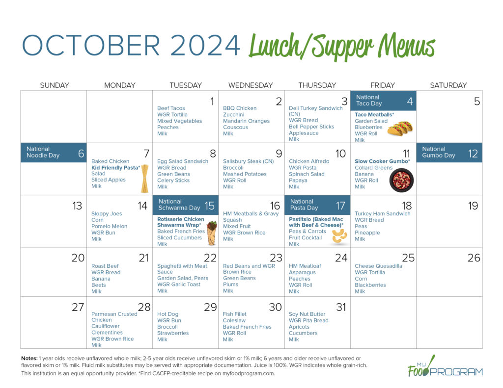 October 2024 Lunch/Supper Menus