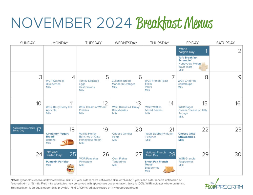 November 2024 Breakfast Menus