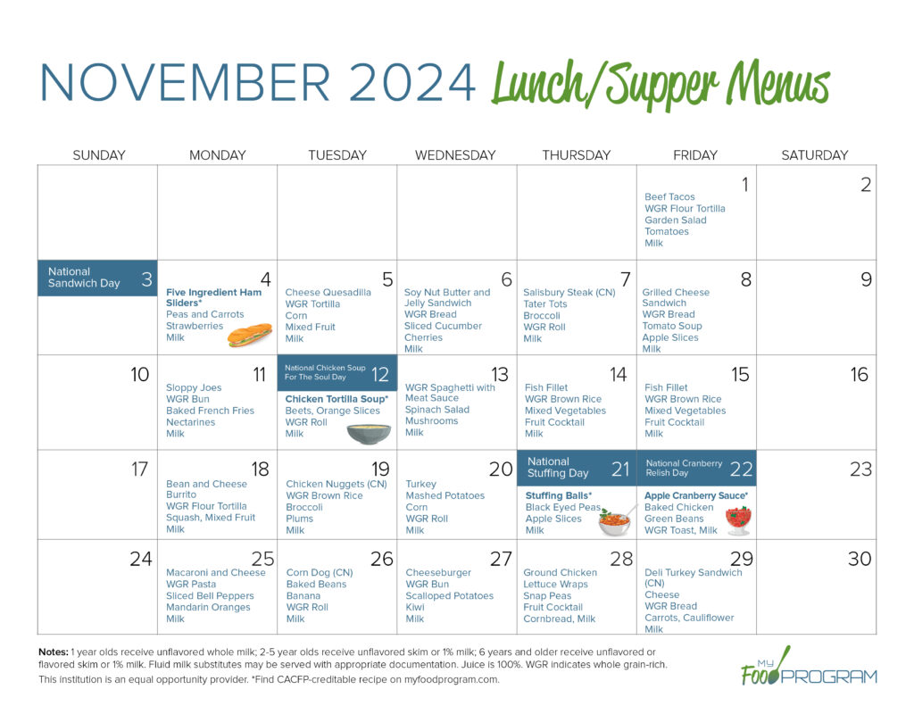 November 2024 Lunch/Supper Menus