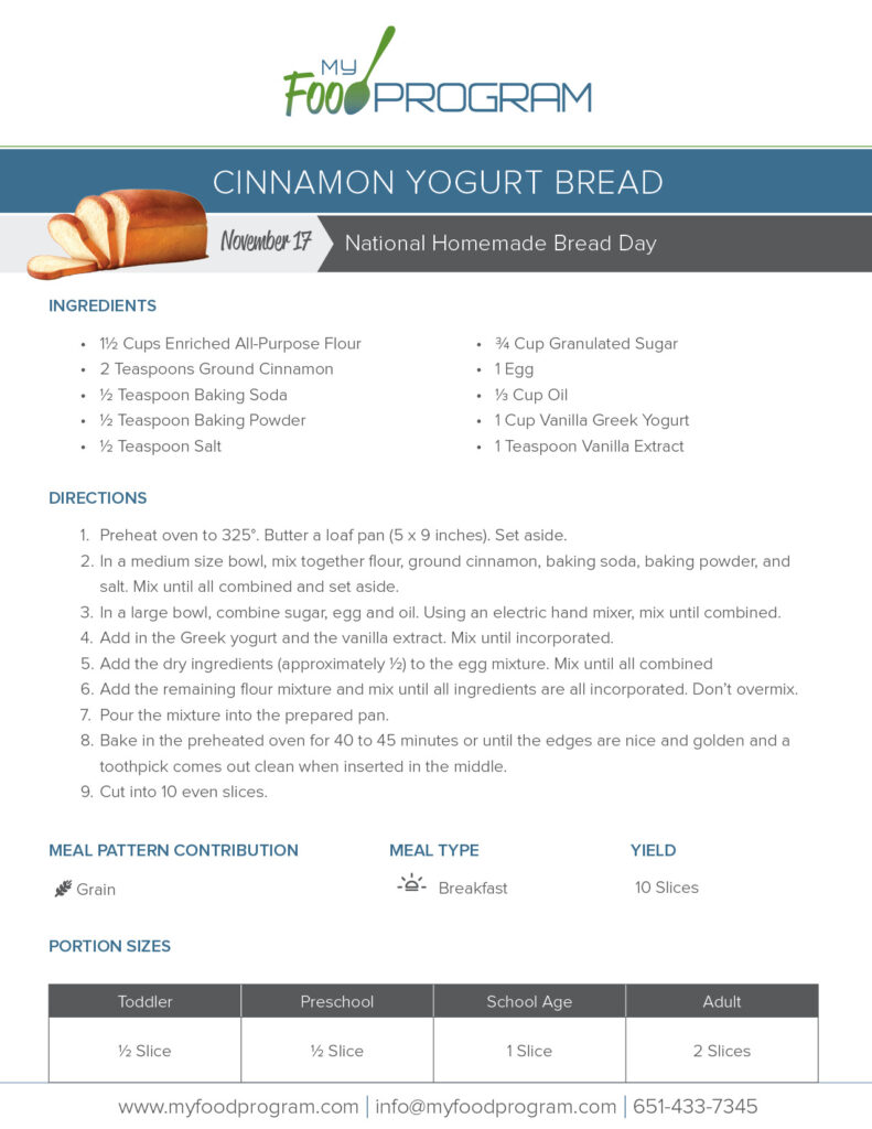 My Food Program Cinnamon Yogurt Bread Recipe