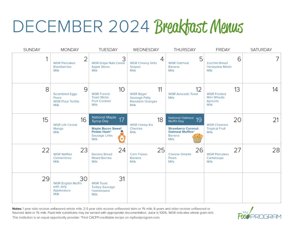 December 2024 Breakfast Menus