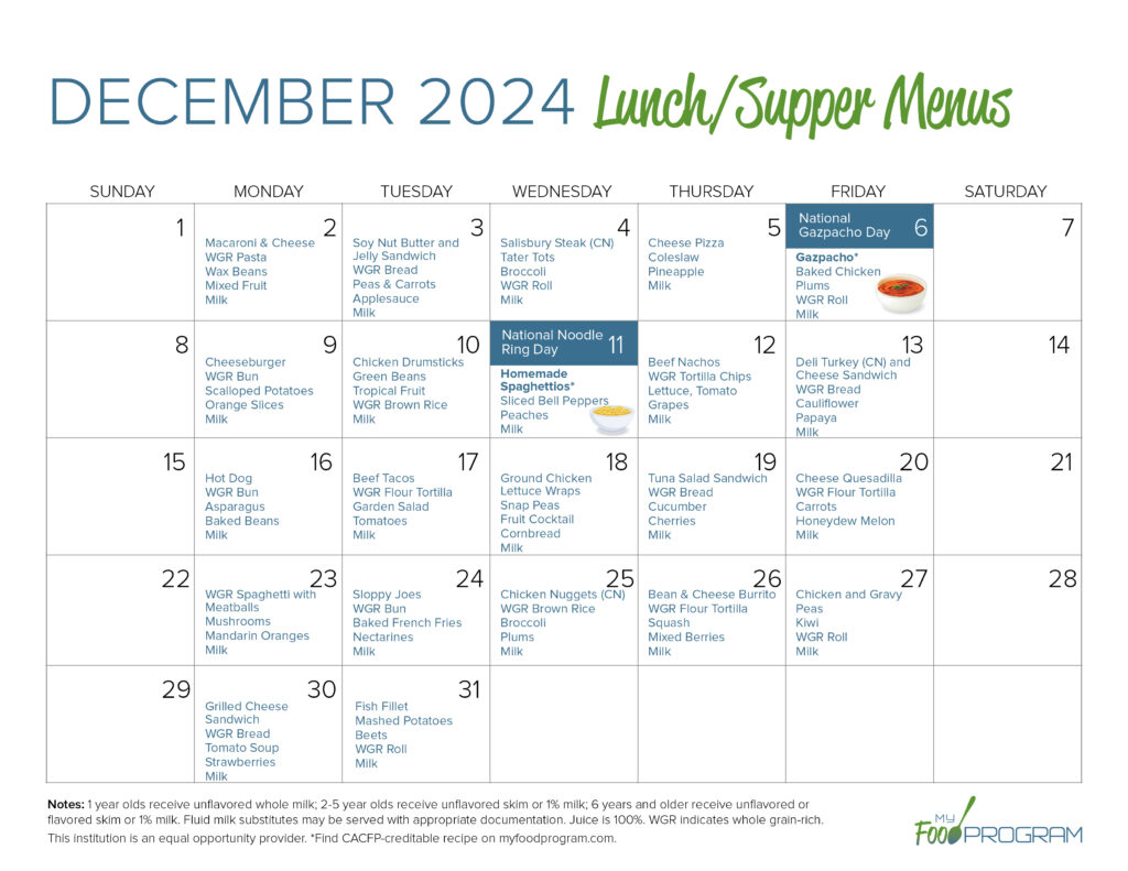 December 2024 Lunch/Supper Menus