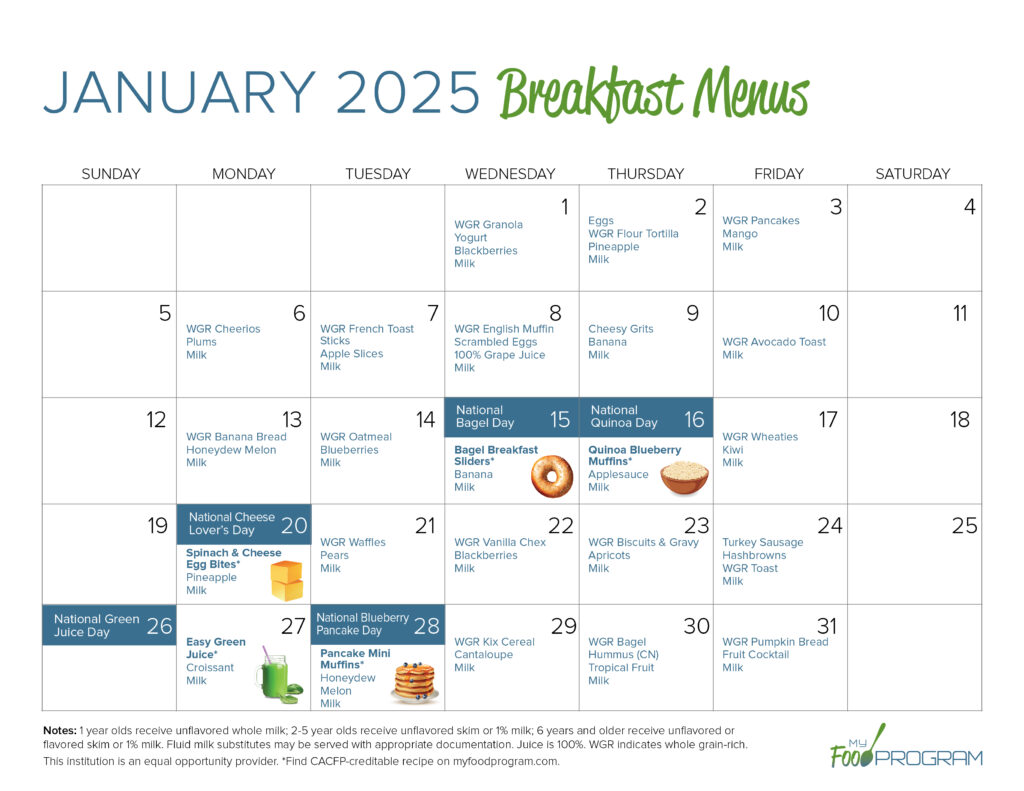 January 2025 Breakfast Menus