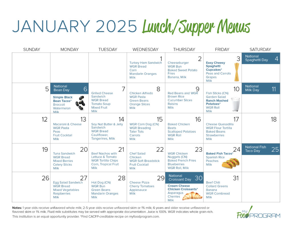 January 2025 Lunch/Supper Menus