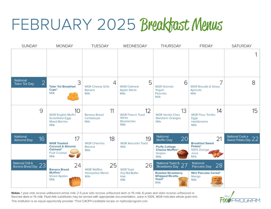 February 2025 Breakfast Menus