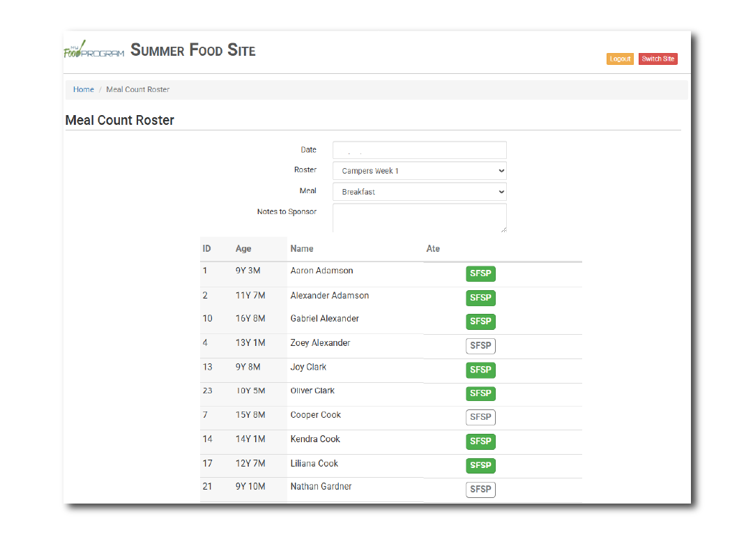 Summer Camp with Meal Counts by Name