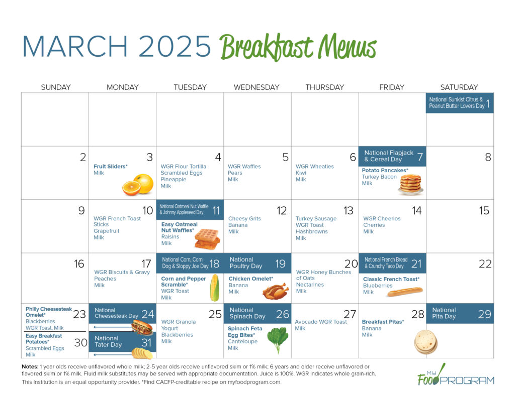 March 2025 Breakfast Menus