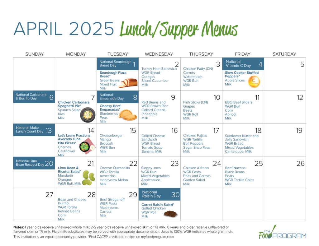 April 2025 Lunch/Supper Menus